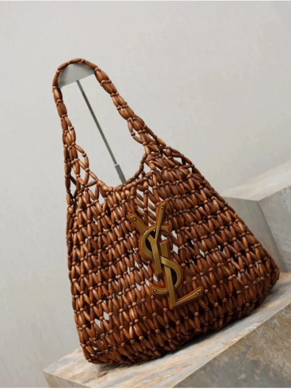 Saint Laurent Brown Woven Tote with Gold Logo